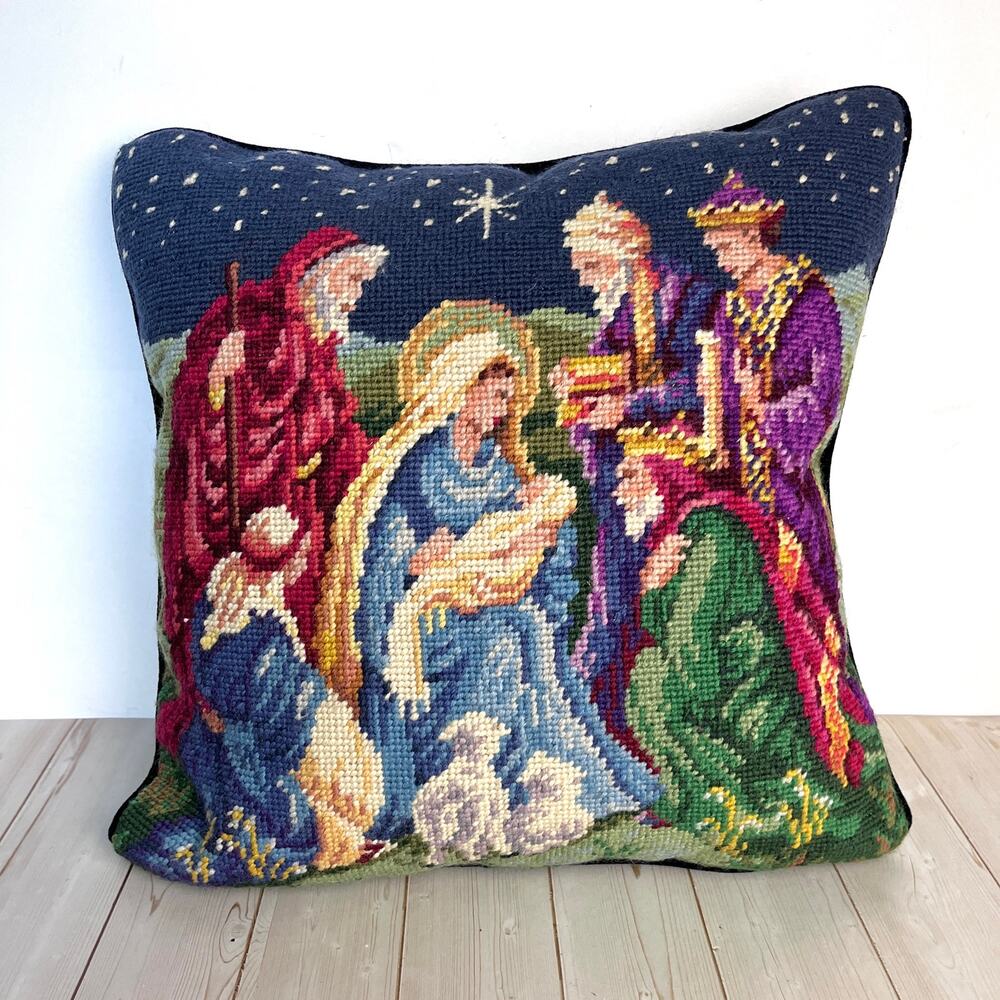 Vintage Nativity Scene Needlepoint Pillow Holy Family Wise Men Velvety Back